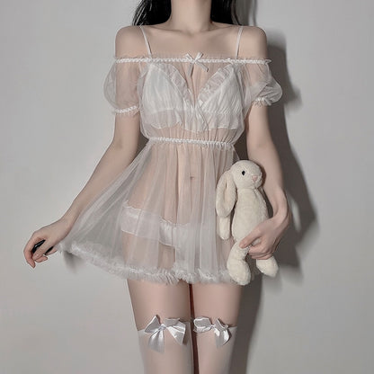 Sexy Lingerie Transparent Cute Lolita Fashion Dress - Mesh Nightdress See-Through Underwear Bra & Panties - 3-Piece Outfit