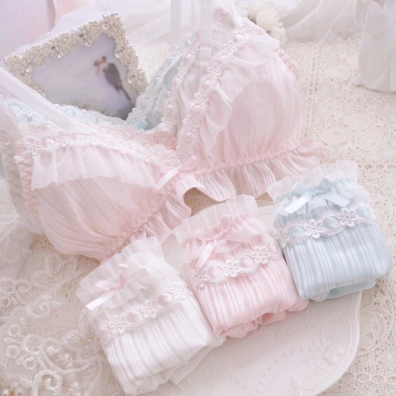 6-color Lolita Fashion - Women's Cute Bow Print Bra & Panties - Lingerie Set Bras & Briefs Underwear