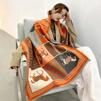 Luxury Cashmere Scarf Women Horse Design - Warm Pashmina Blanket - Scarves/Shawl Wraps Thick Foulard