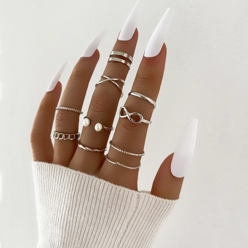 Punk Geometric Silver Color Chain - Wrist Rings - Rings Set - Jewelry - Cosplay