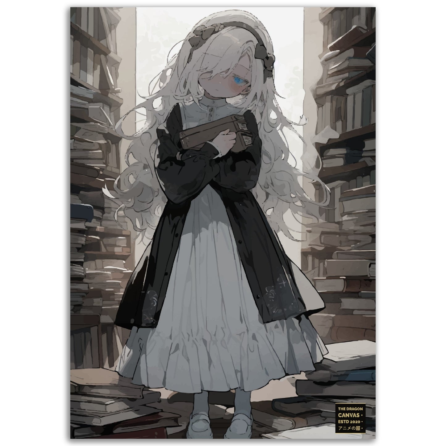 "Sleepy White Hair in Library" #01 - Póster de papel semibrillante premium de anime