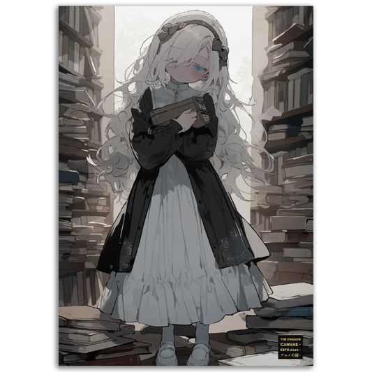 "Sleepy White Hair in Library" #01 - Póster de papel semibrillante premium de anime