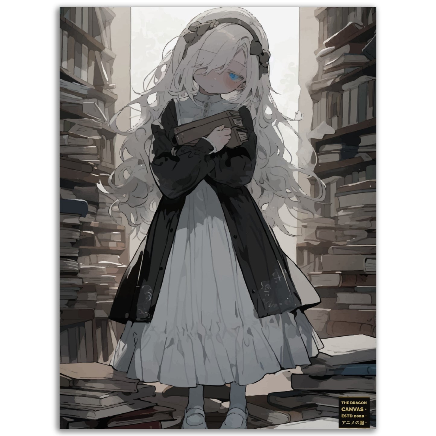 "Sleepy White Hair in Library" #01 - Póster de papel semibrillante premium de anime